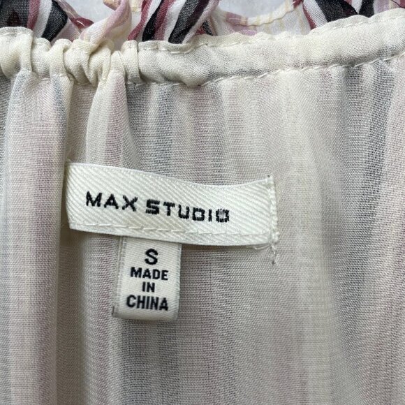 Max Studio Tank Top Women's S Beige Pink Striped V Neck Tie Neck Ruffles Halter - Picture 6 of 9